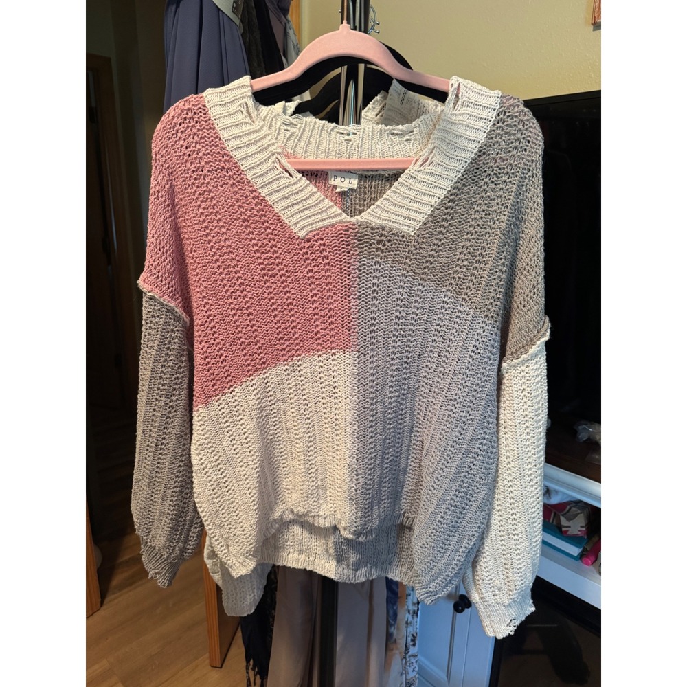 POL Colorblock Knit Sweater Pink Cream Grey Distressed V-Neck YST311 Small
